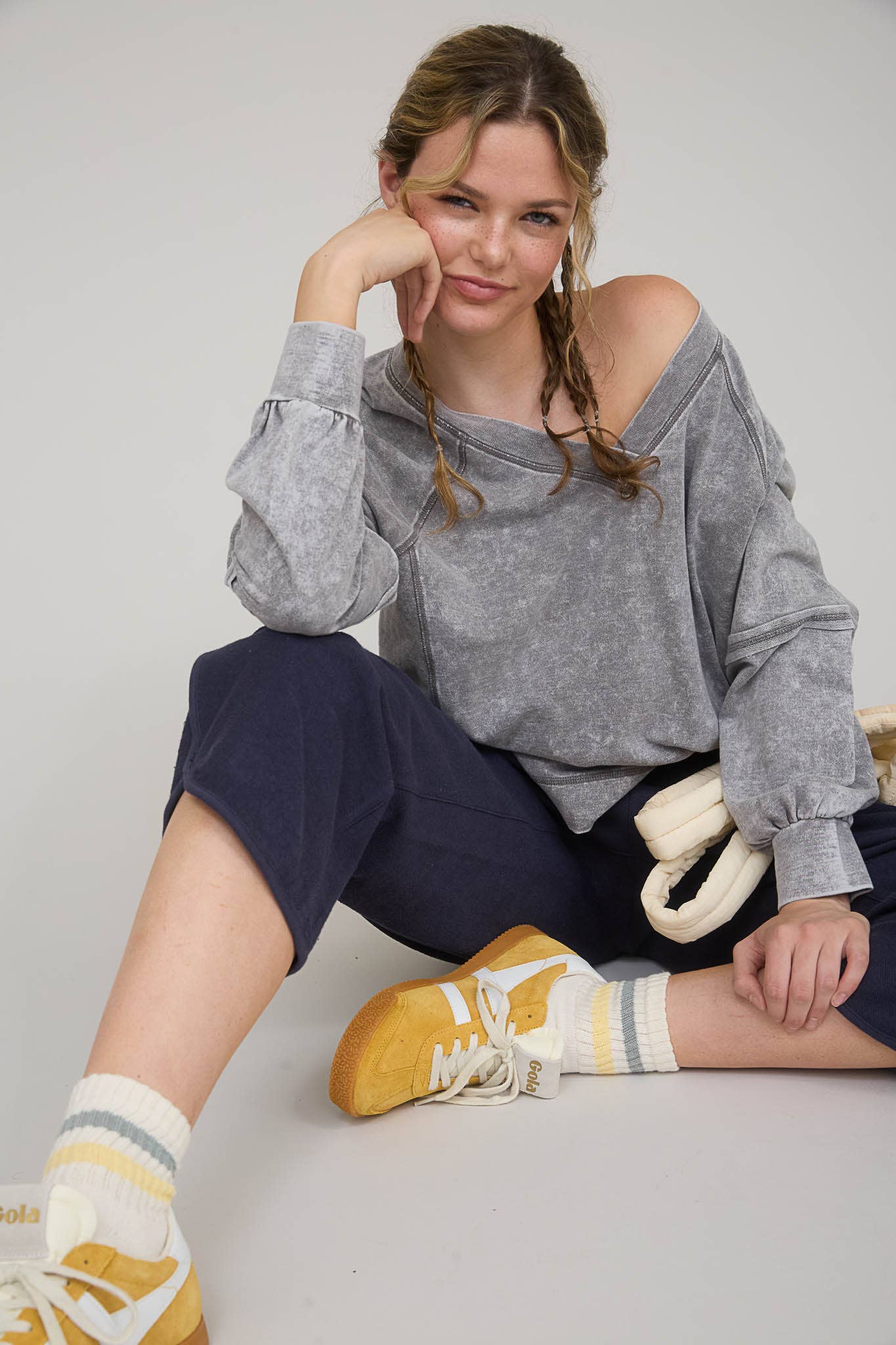 Washed V-Neck with Exposed Seam Knit Top