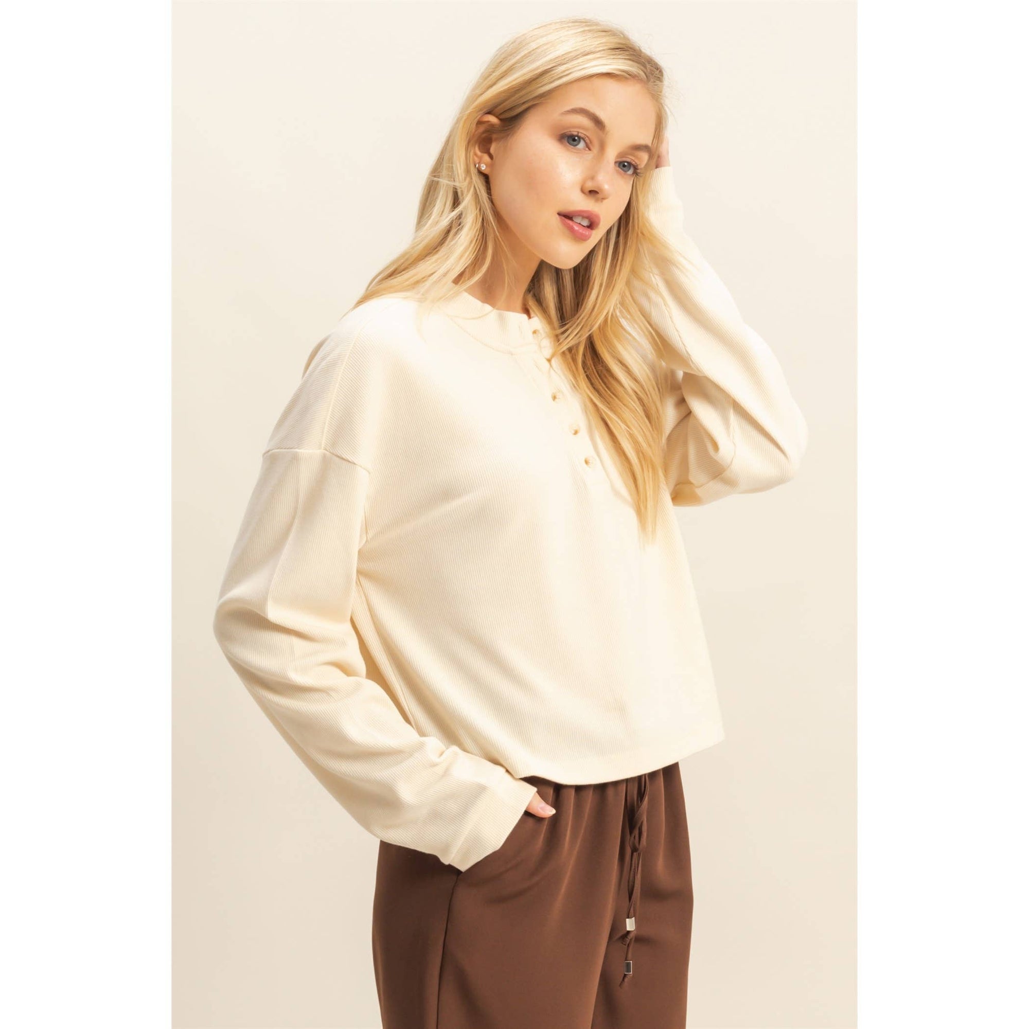 Mineral Washed Long-Sleeve Henley Top