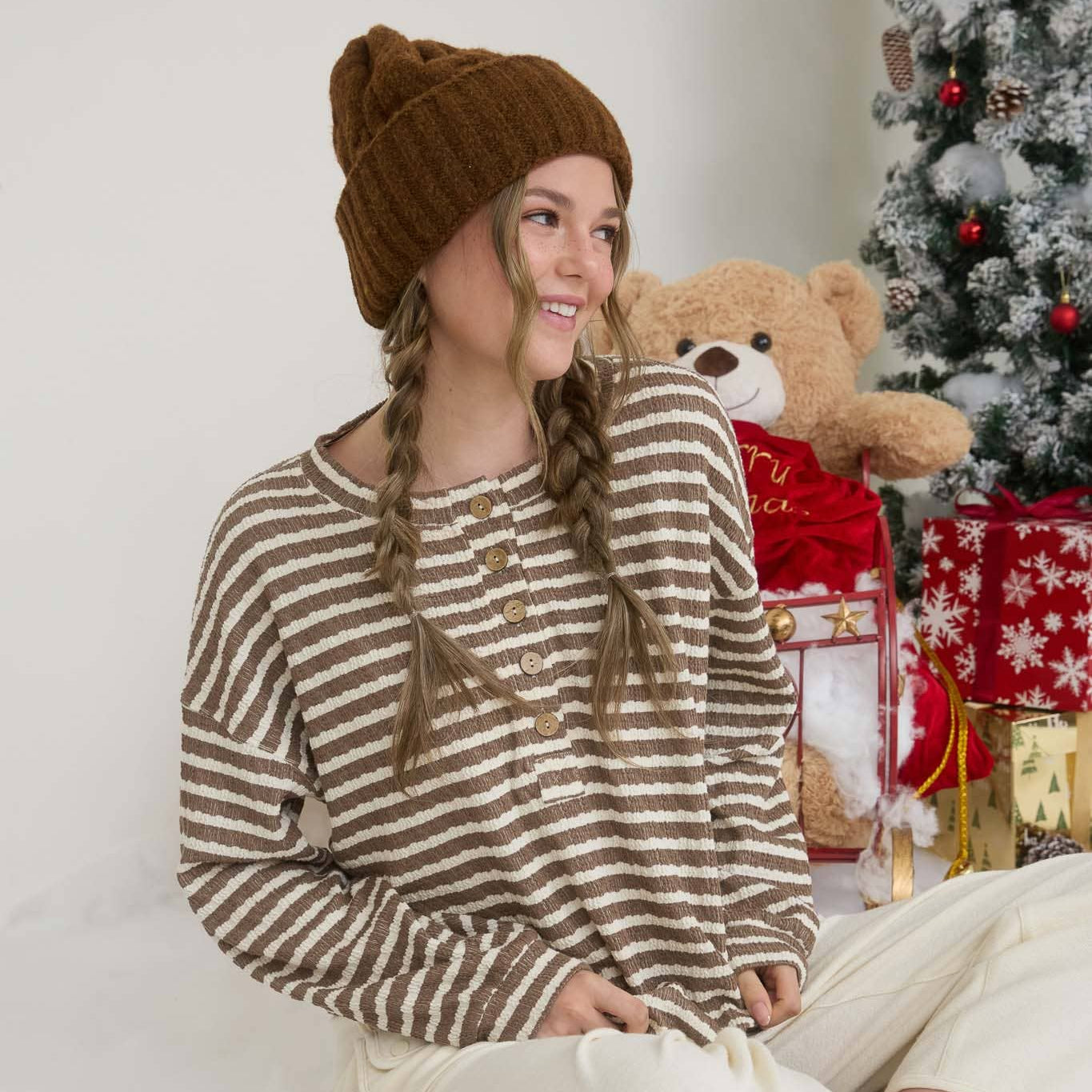 Stripe Textured Long Sleeve Henley Knit Top