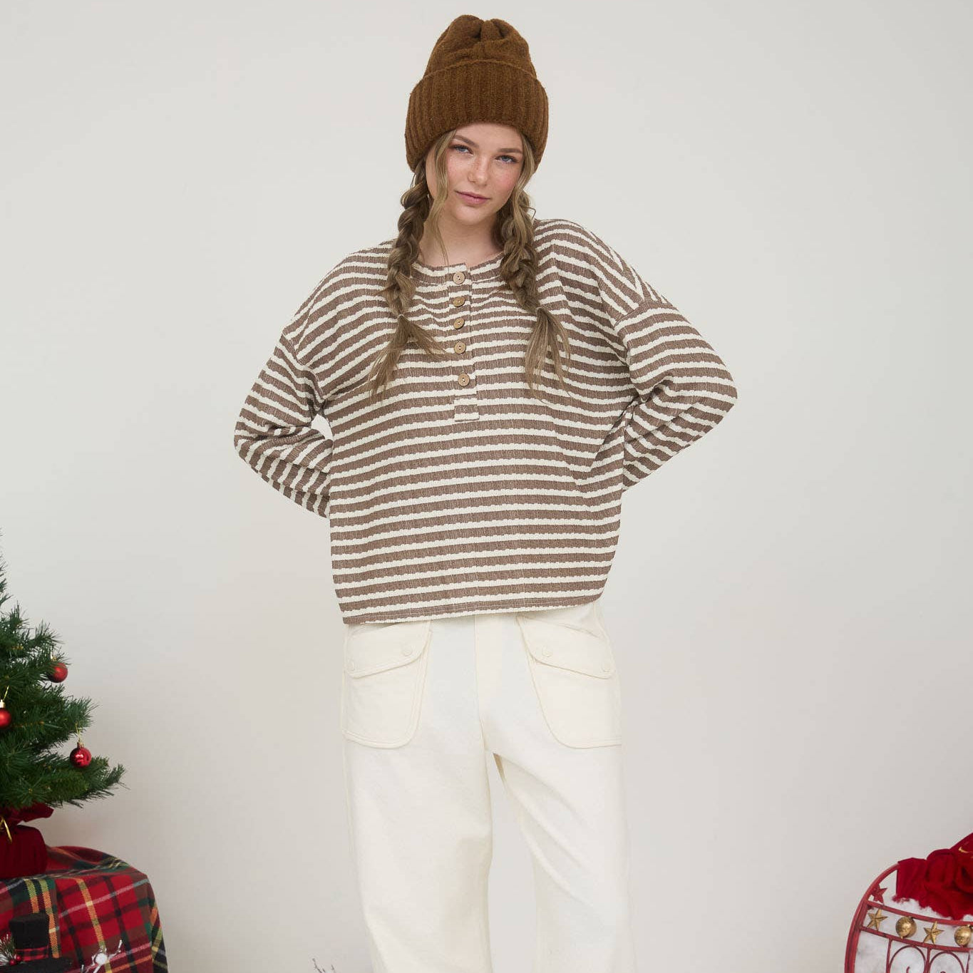 Stripe Textured Long Sleeve Henley Knit Top – UrbanSun