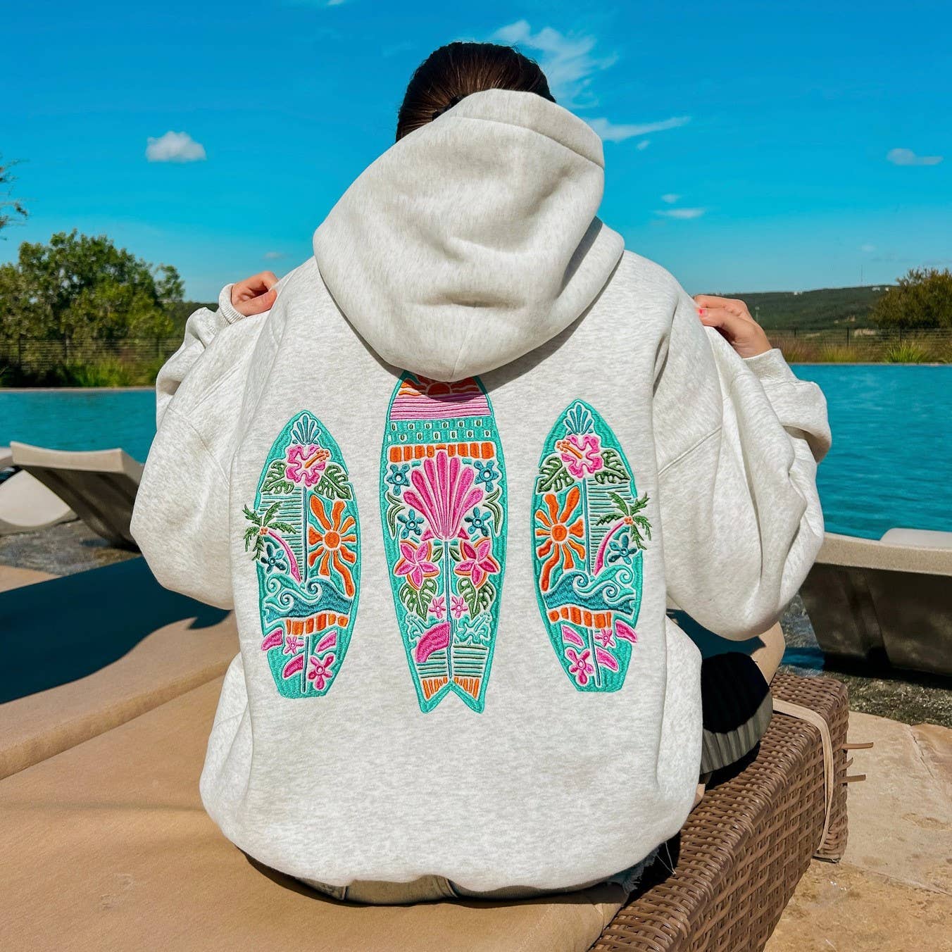 Floral Surfboard Embroidered Fleece Hoodie