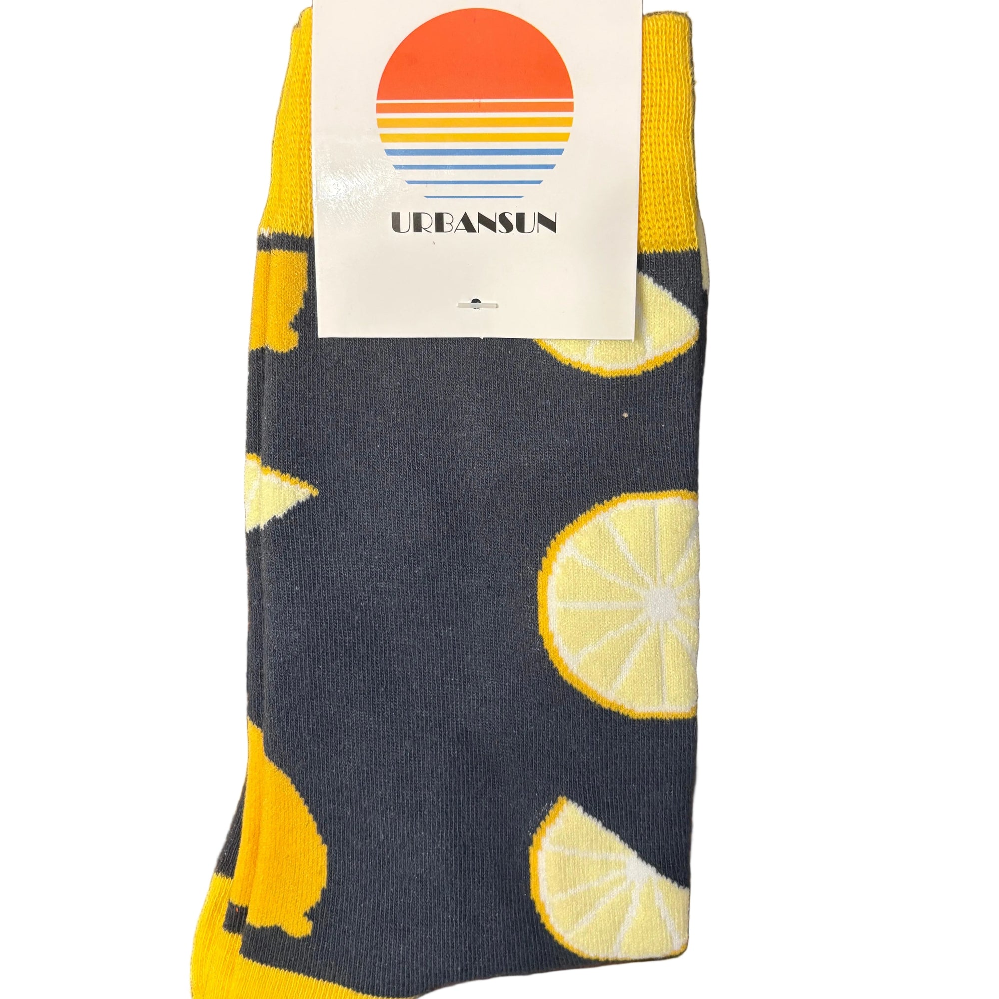 Socks with lemon design on a white surface