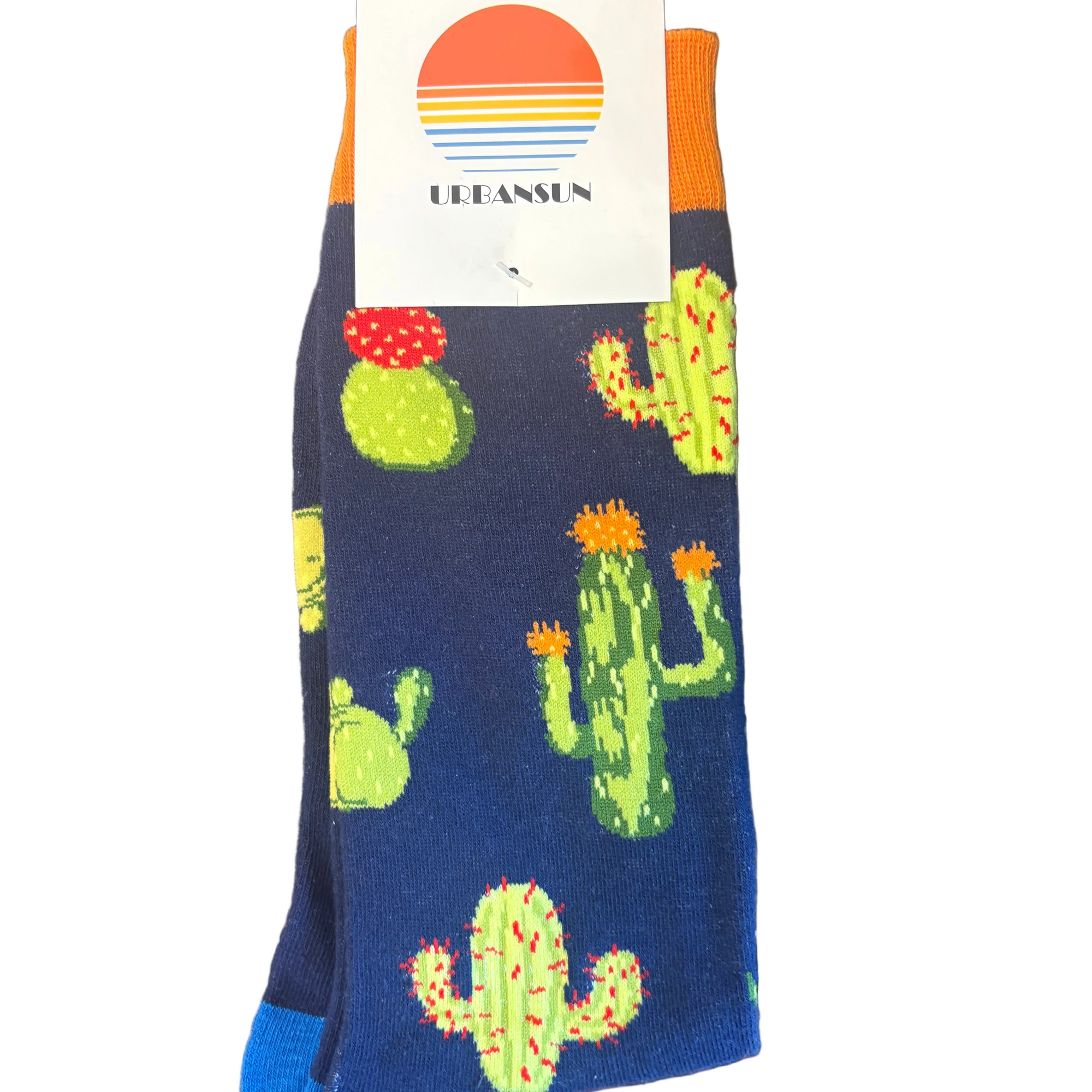 Navy blue sock with green cactus patterns on a white background