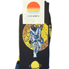 Sock with astronaut design on a black background, featuring a brand label.
