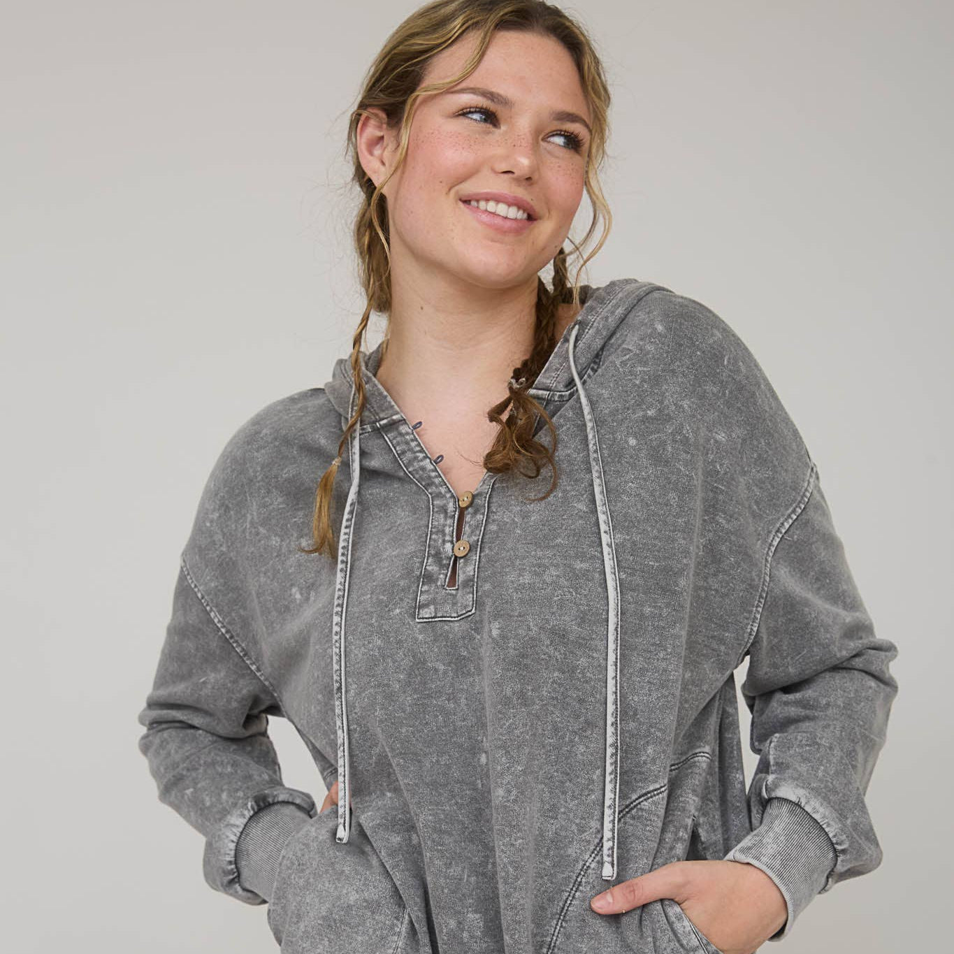 Washed Hooded Henley Knit Sweater