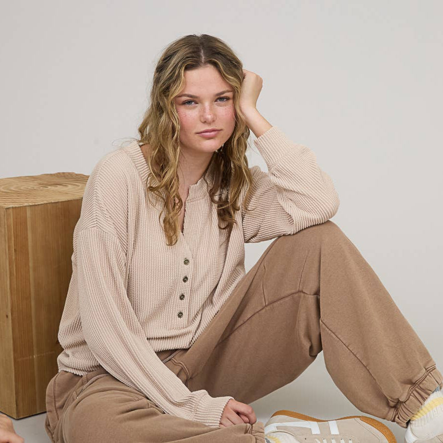 Washed Ribbed Long Sleeve Henley Knit Top
